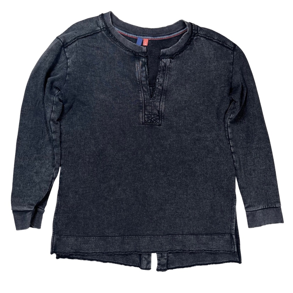 Pilcro Long Sleeve Top Womens Small Black Acid Wash Split Neck Open Back Casual